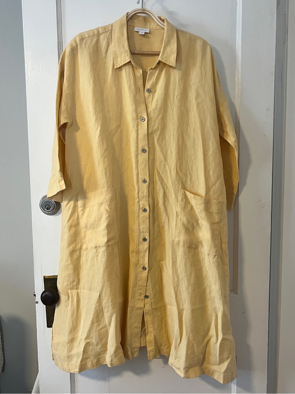 NEW J.Jill Pure Linen A-line Patch Pocket Shirtdress Butter Yellow Size M Petite